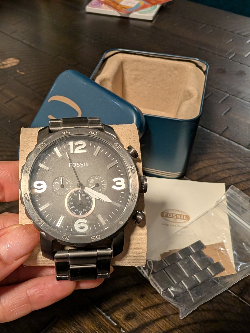 Fossil Nate JR1437 50mm Smoke Gray Chronograph w/ Tin & Extra Links